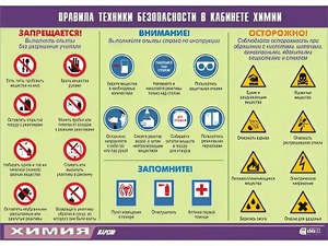 Таблица демонстрационная "Правила техники безопасности в кабинете химии" (винил 100х140) - fgospostavki.ru - Апрелевка